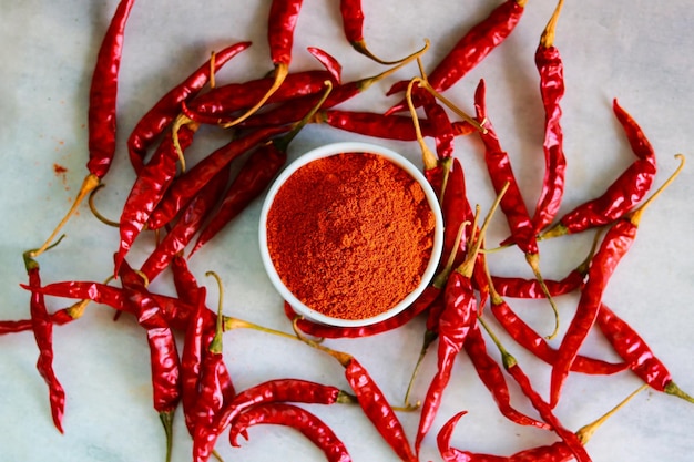 red hot chili pepper powder in a white bowl on a light background