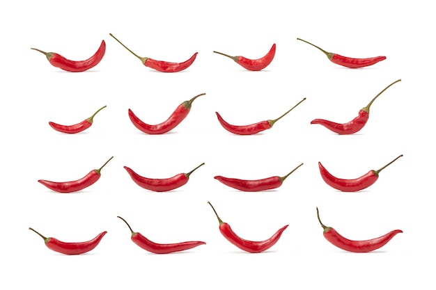 Red hot chili peppers arranged in rows on white background