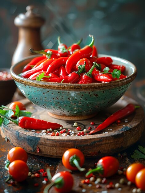 Red hot chili peppers in bowl A dish of red peppers them into strips on a chopping board with a knife