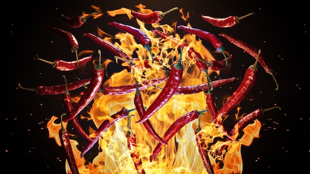 Red hot chili peppers on fire background 3d rendering