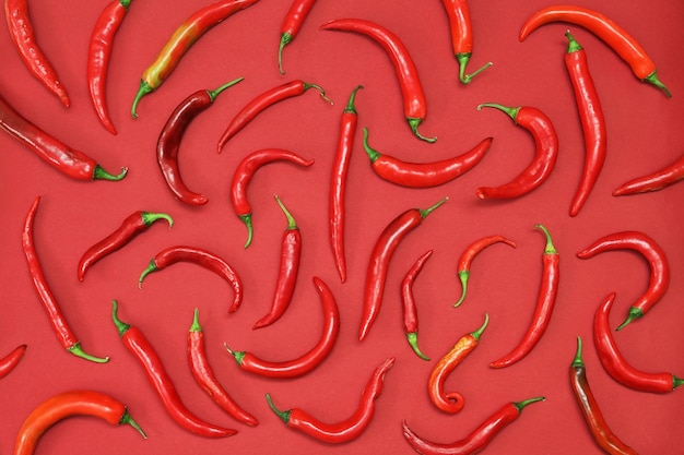 Photo red hot chili peppers shoot on red background