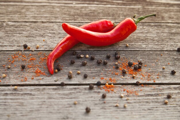 Red hot chili peppers on wooden background