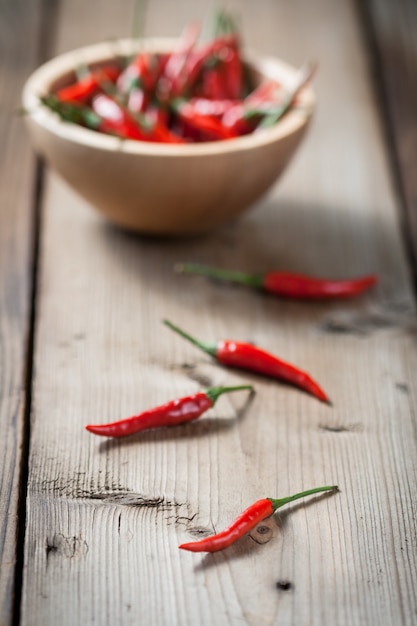 Red hot chili peppers on wooden table