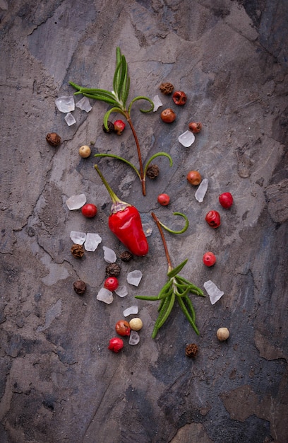 Photo red hot chilli peppers, rosemary and salt. selective focus