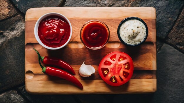 Foto tomato al peperoncino rosso piccante ketchup puree di salsa al chili con pomodori e aglio peperino