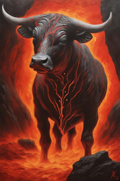 Red Hot Flaming Bull Emerging from Cave