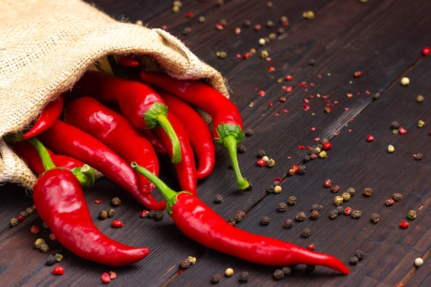 Red hot pepper in a bag on a dark wooden table. High quality photo