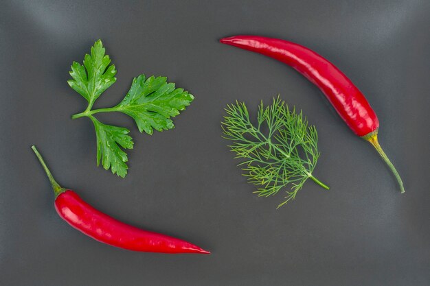 Red hot pepper and dill close-up on a gray