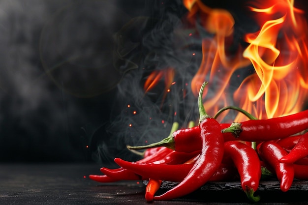 Red hot pepper in flames on a dark background