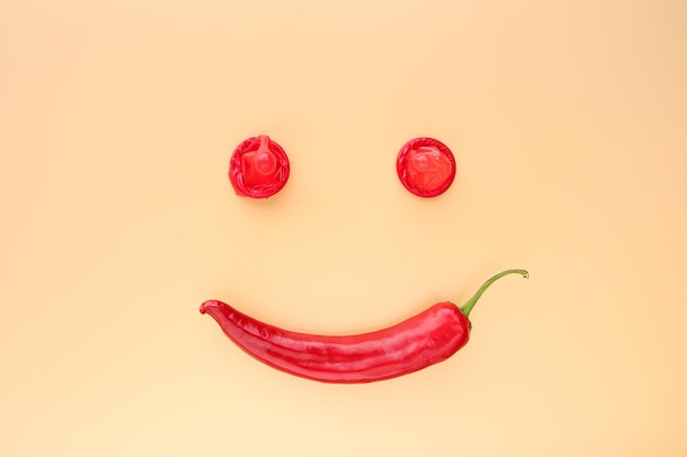 Red hot pepper with condom on a beige background