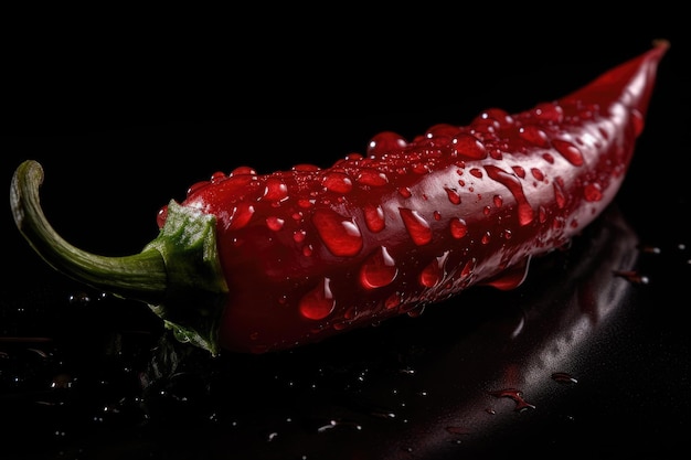 Red hot pepper with water drops on a black background