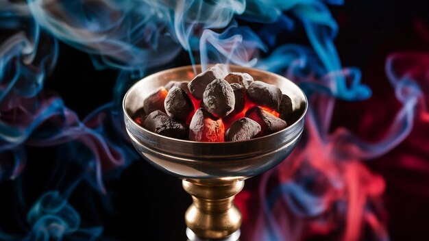 Photo red hot shisha coals in a metal hookah bowl against a background of multicolored smoke close up wit