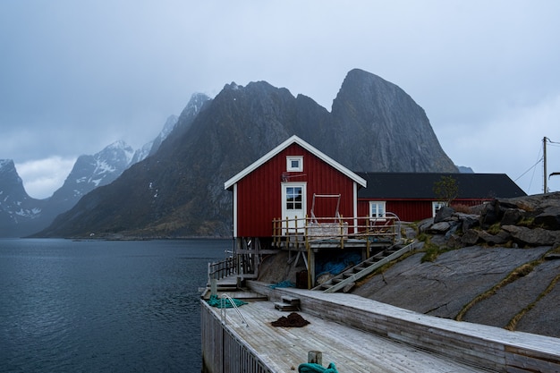 Red house by the sea in Lofoten Islands