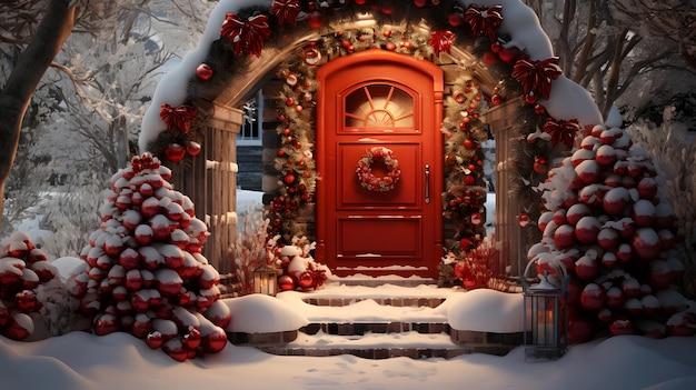 Foto l'ingresso della casa rossa con una classica corona di natale giorno innevato generativa ai