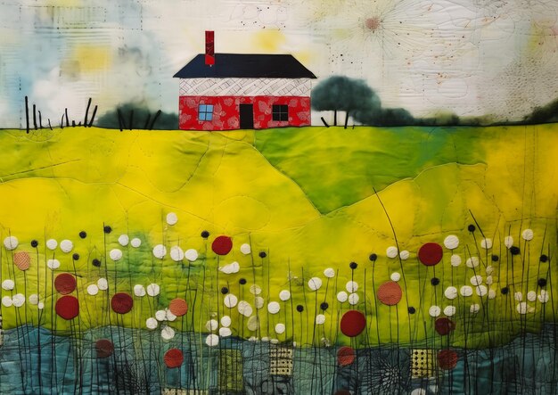 Red house field flowers dawn cozy calm fabrics textiles collage yellow charcoal street scene deep