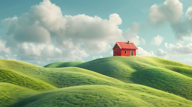 Red house on green hill with blue sky and white clouds background