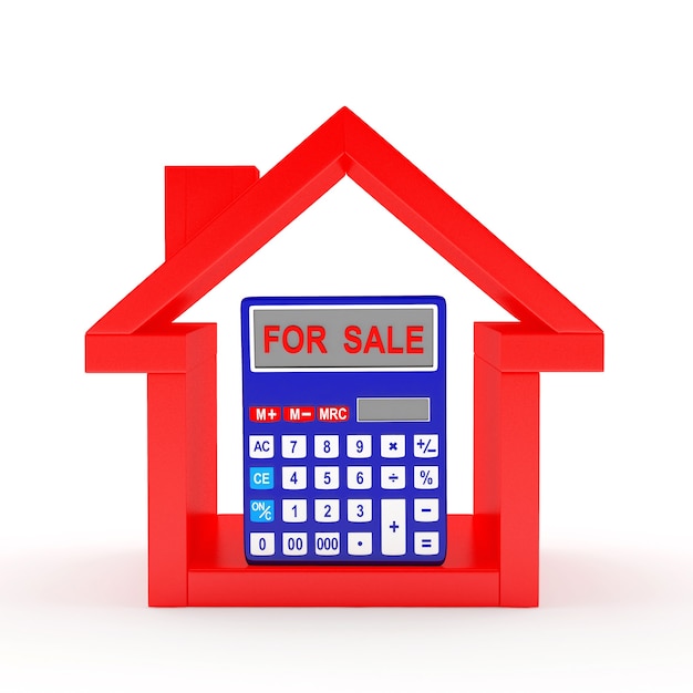 Red house icon and calculator with the word FOR SALE