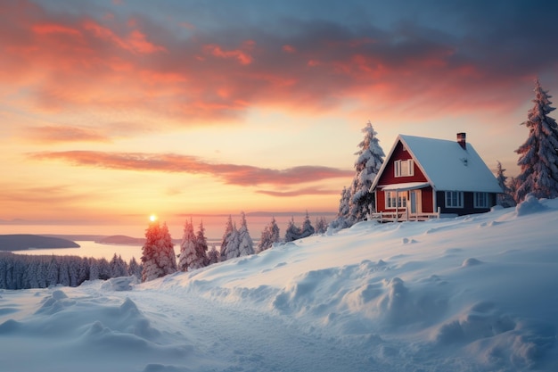 a red house in the middle of a snowy landscape