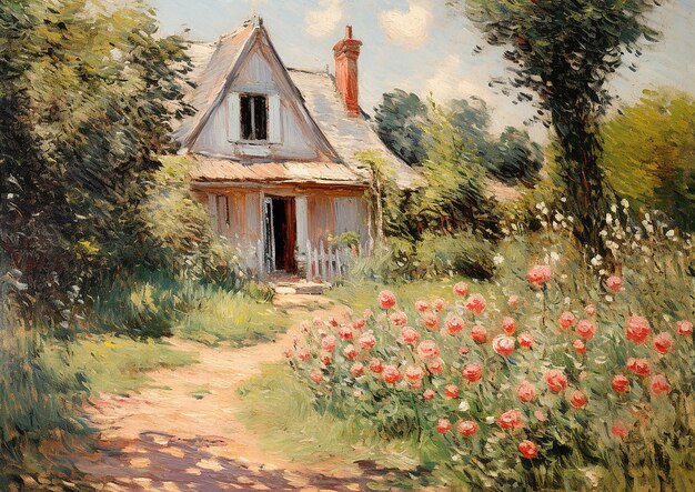 Red House Painting of an Unfenced Cottage