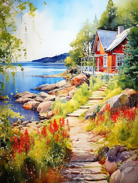 red house shore lake enchanted dreams stone steps fine deep color brown