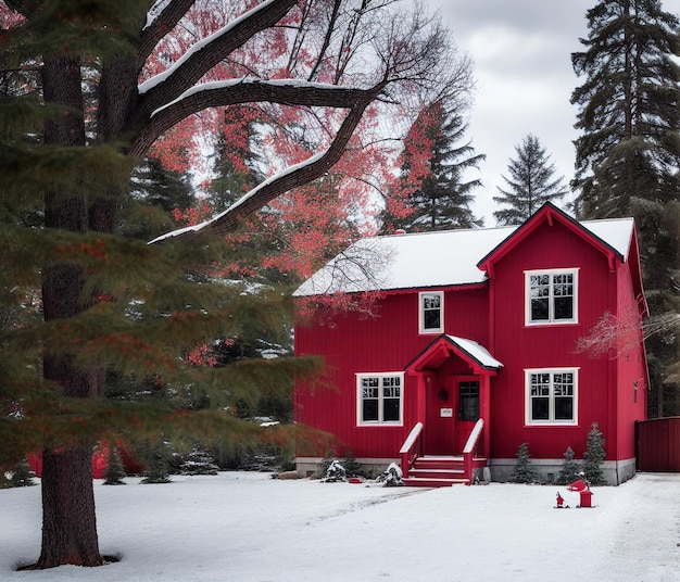 Red house in the snow