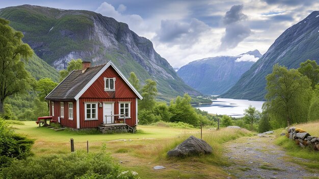 Photo a red house with a black roof and a red house in the background