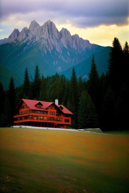 山を背景にした赤い家