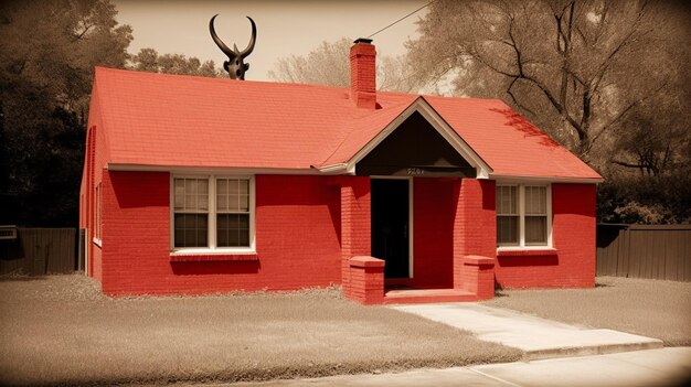 A red house with a red roof and horns.