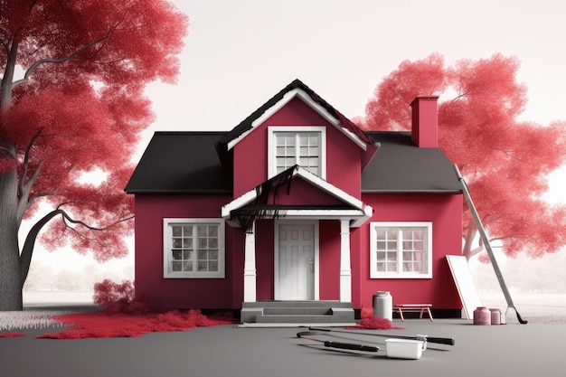 Red house with a red tree in the background Generative AI