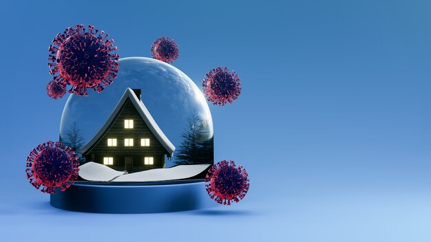 Red huis van het coronavirus Covid 19-virus. Blijf thuis. Huis in dome glas met coronavirus Covid 19. 3D-weergave.