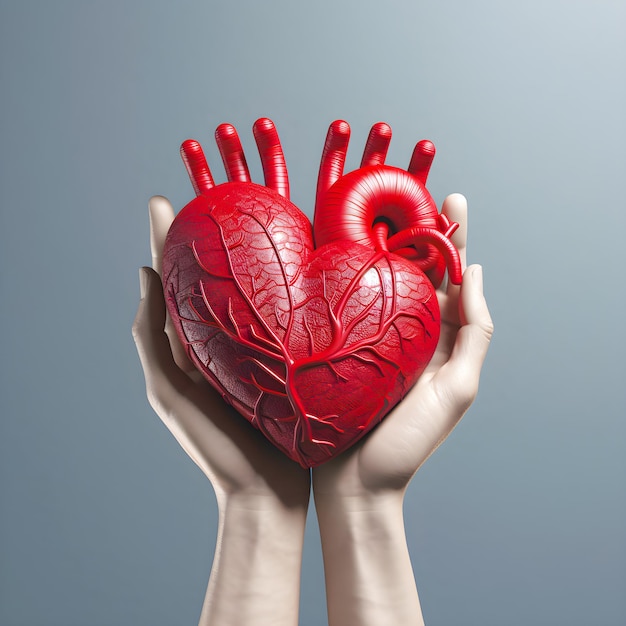 A red human heart is held up by two hands.