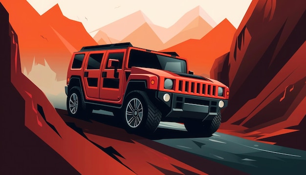 A red hummer car is on a mountain road.