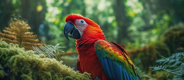 Red hybrid parrot in forest Macaw parrot in dark green vegetation Generative AI