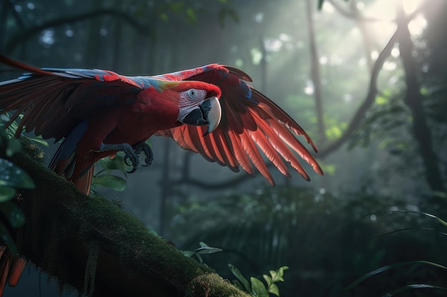 Red hybrid parrot in forest Macaw parrot flying in dark green vegetation AI generated