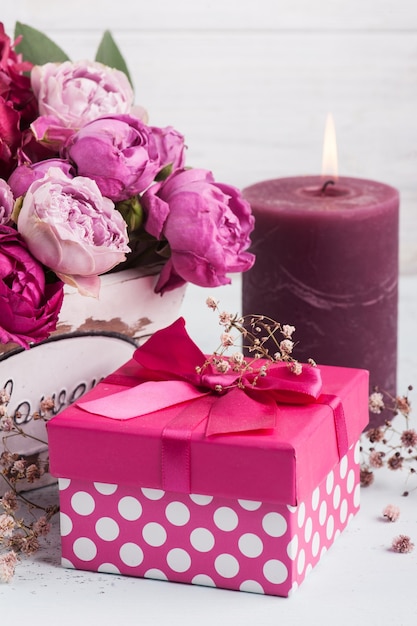 Red hydrangea flowers and pink roses