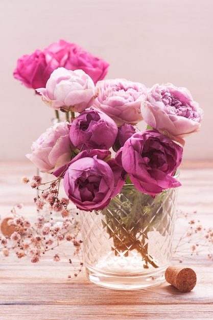 Red hydrangea flowers and pink roses