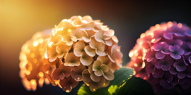 Red hydrangea petals in garden close up Endless summer Hydrangea flowers Banner AI Generated