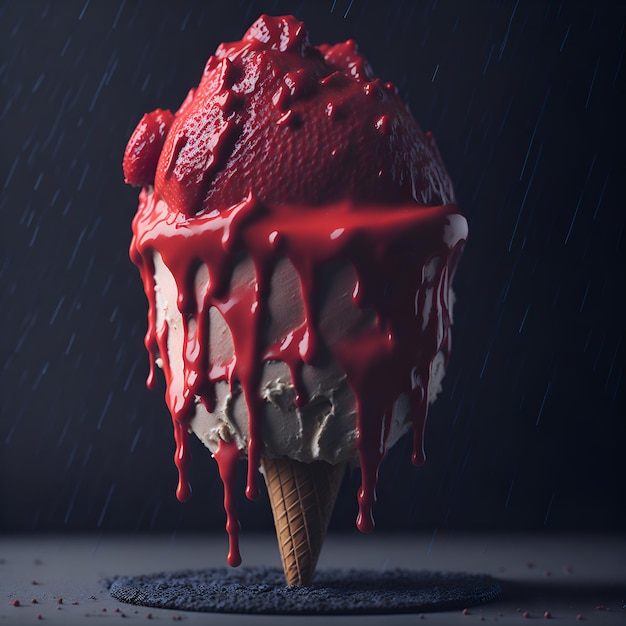 A red ice cream cone with red sauce dripping down the top.