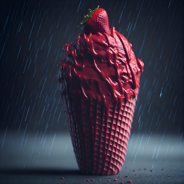 A red ice cream cone with a strawberry on the top.