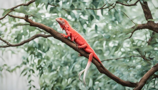 Photo red iguana on a branch with a green tree in the background