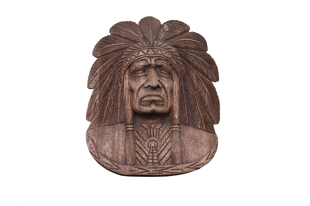 Red indian head carved with isolated on white 