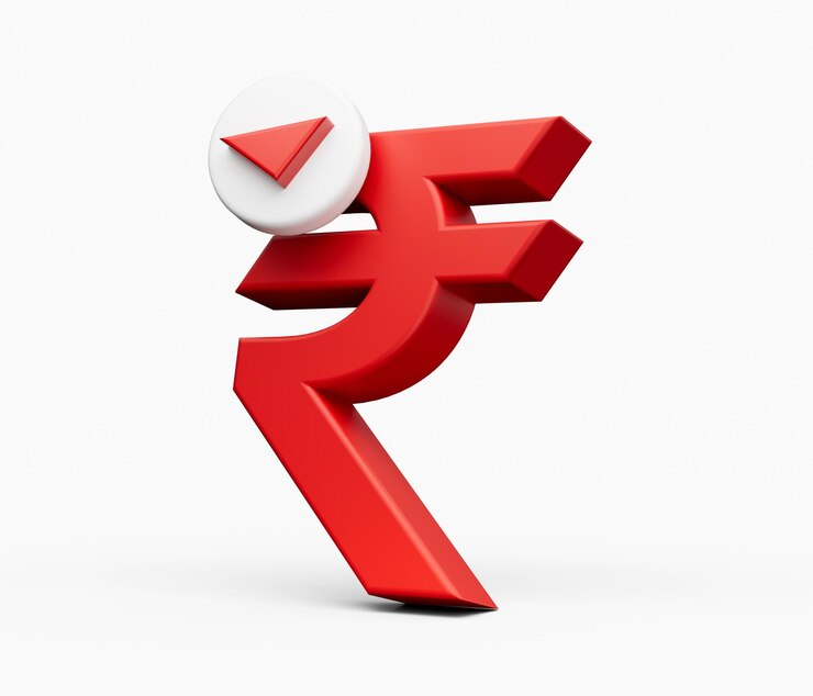 फोटो red indian rupee sign with downward red and white arrow 3d illustration