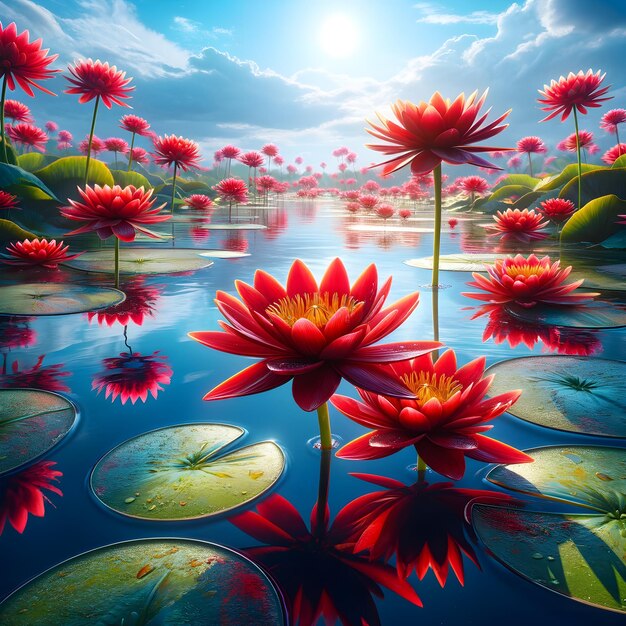 Red Indian Water Lily flowers floating on a tranquil pond under a bright blue sky