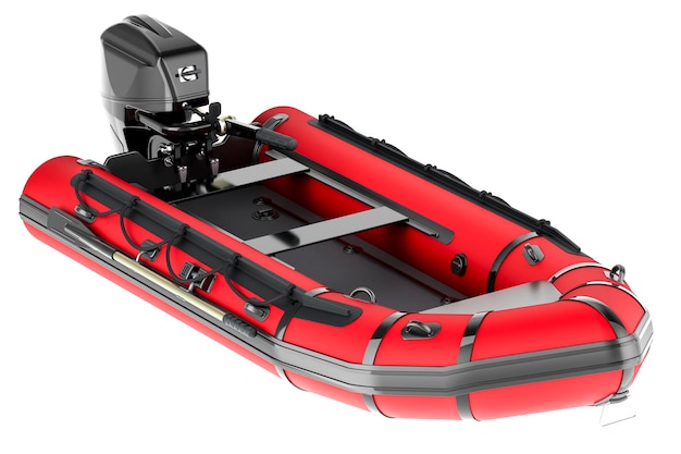 Красная надувная лодка с внешним двигателем 3D-рендеринг