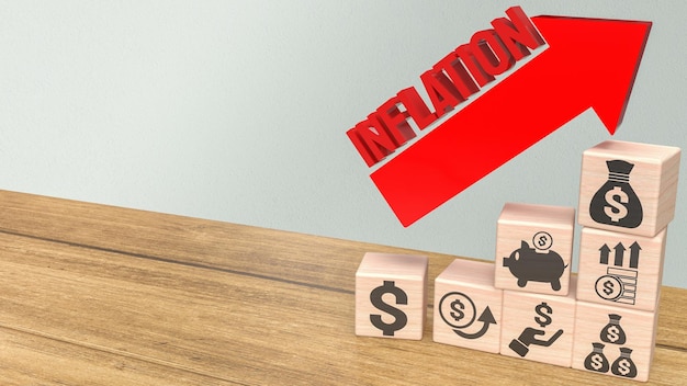 Красный текст инфляции и бизнес-иконка деревянный куб 3d-рендеринг