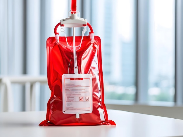 Red IV drip bag for blood donation and type for medical care and life support services in a hospital
