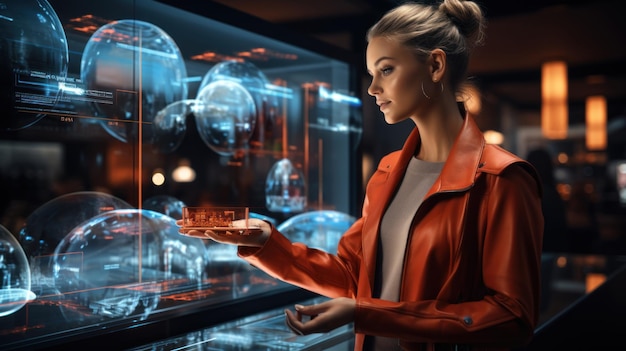 red jacket holding model of house and looking at it while standing indoors