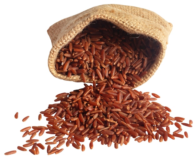 Red Jasmine rice in a jute sack