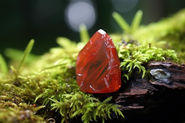 Red jasper stone resting on a mossy rock