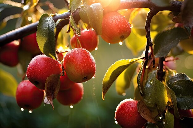 아직 아침 이슬에 젖은 나뭇가지에 붉은 자바 사과가 걸려 있다